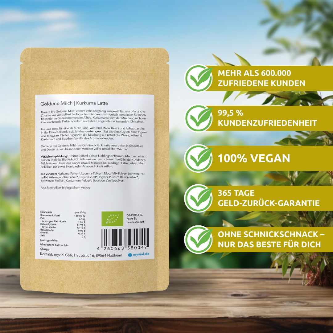 myvial® Bio Goldene Milch Latte - Pulvermischung mit 10 ayurvedischen Superfoods 100 g