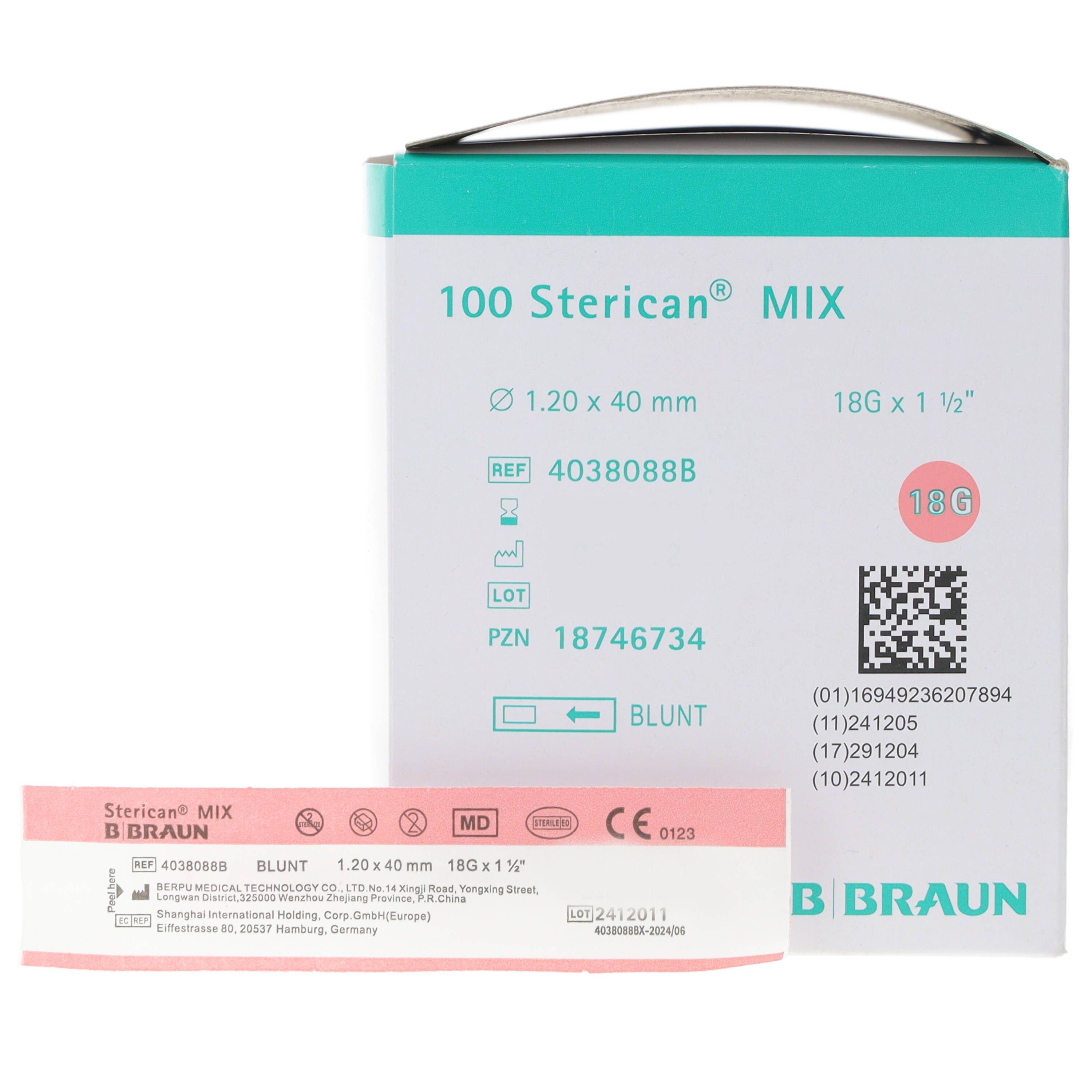 Packung mit 100 Sterican Mix Kanülen. Durchmesser 1,20 x 40 mm, 18G. Mit Produktinformationen und CE-Kennzeichnung.