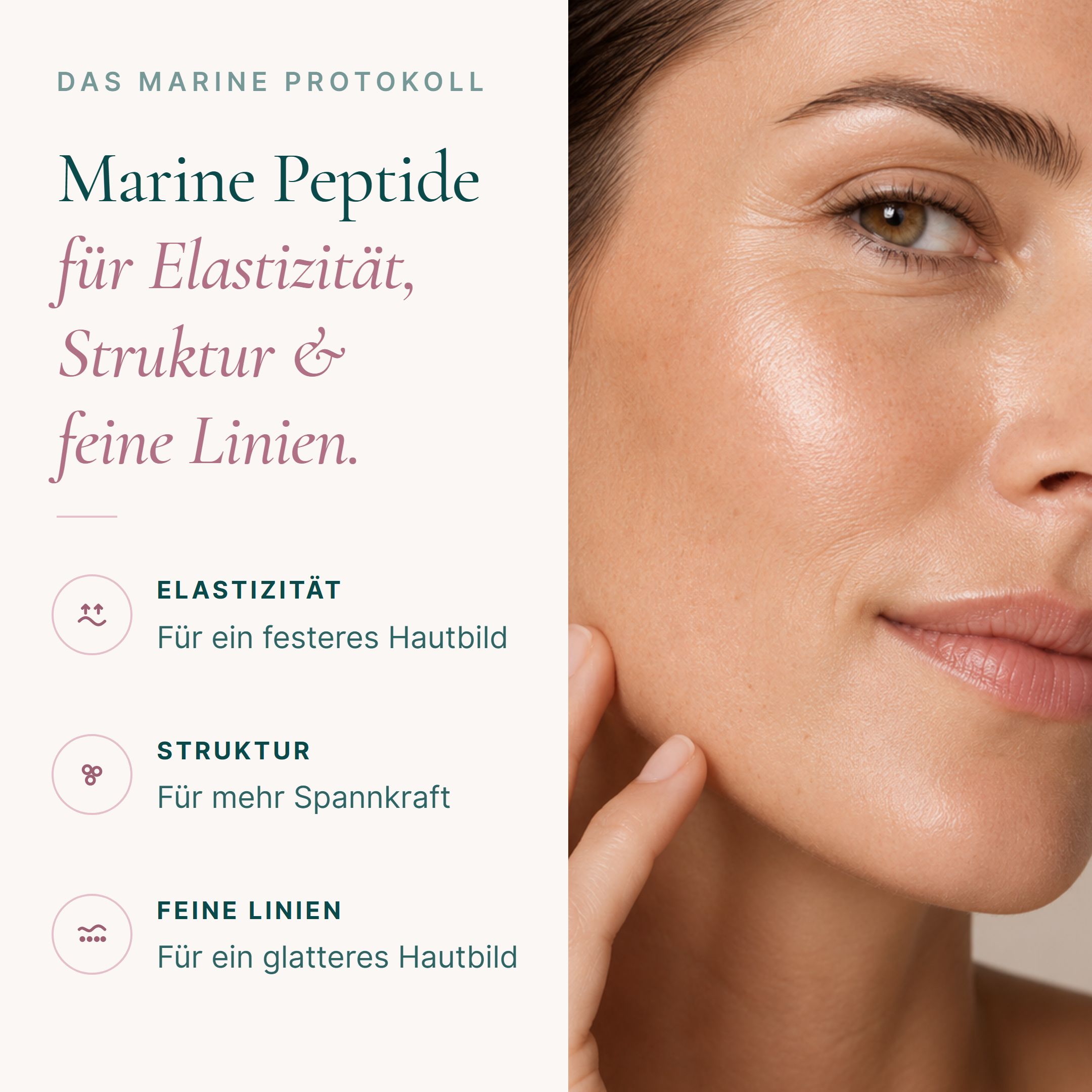 Nahaufnahme eines Gesichts, das die Vorteile von Marine Peptiden für Elastizität und feine Linien hervorhebt.