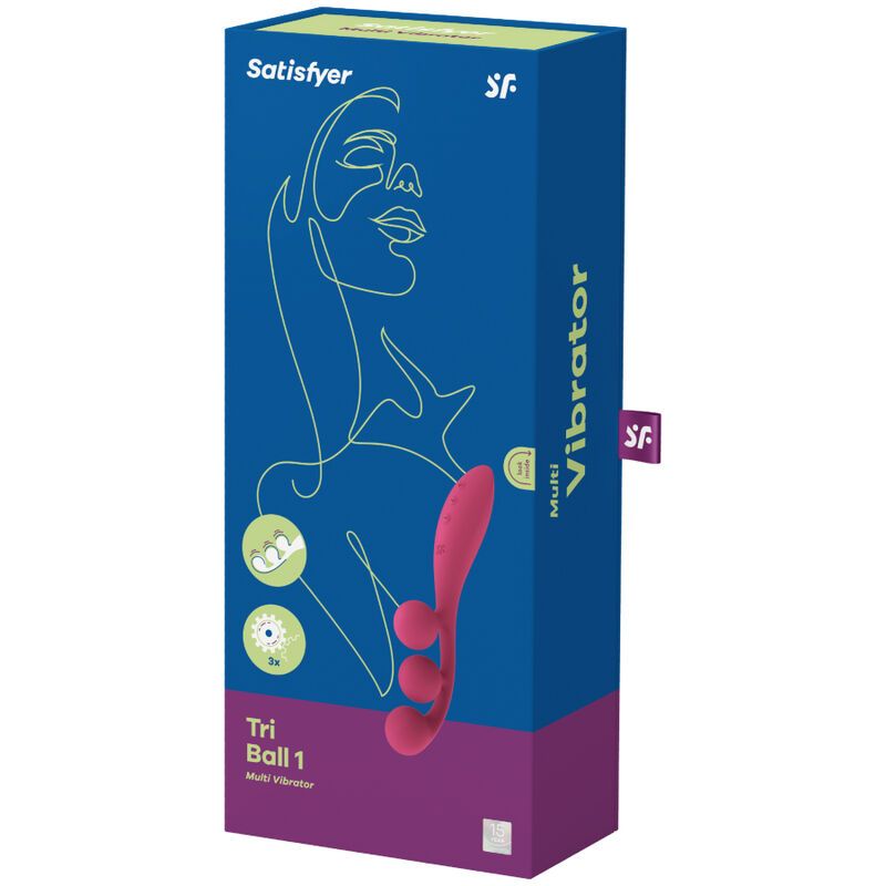 Verpackung von Satisfyer Tri Ball 1. Blau-lila Schachtel mit Produktabbildung und Schriftzug.