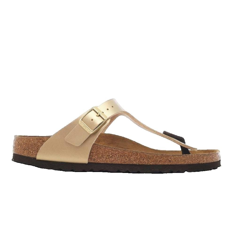 Sandalo dorato con plantare in sughero e fibbia. Infradito. Marchio Birkenstock.