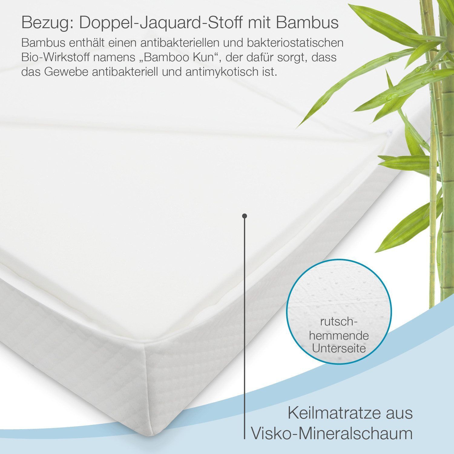 Nahaufnahme einer weißen Keilmatratze mit Bezug. Text: Doppel-Jacquard-Stoff mit Bambus. Rutschhemmende Unterseite.
