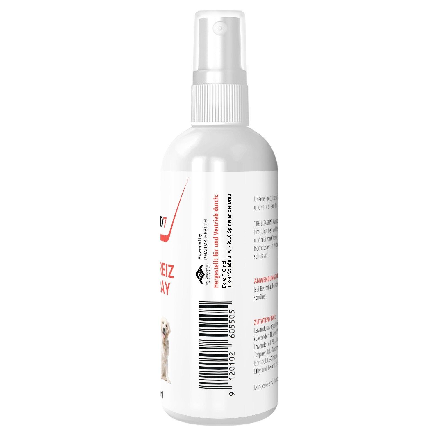 Weiße Sprühflasche. Text: Hergestellt für und vertrieben durch: Pharma Health. Inhaltsstoffe: Lavendelblütenwasser, Lavendelöl, u.a. Barcode.