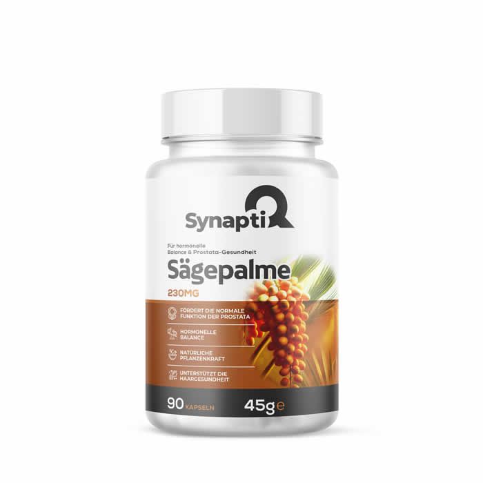 Weißes Kunststoff-Behältnis mit Kapseln. Aufschrift: SynaptiQ, Sägepalme, 230mg. Abbildung von Sägepalmenfrüchten. 90 Kapseln, 45g.