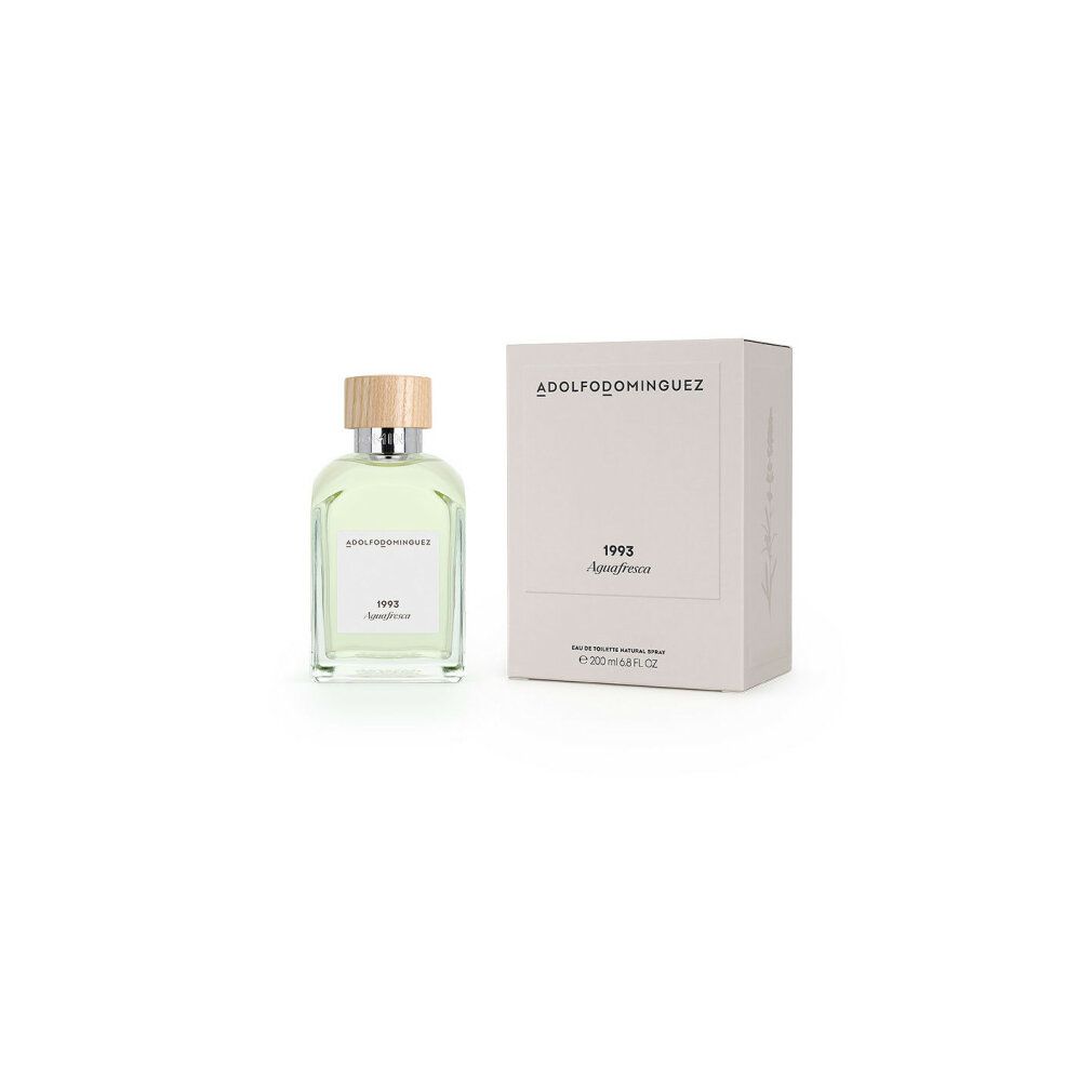 Glasflakon und Verpackung. Aufschrift: ADOLFODOMINGUEZ, 1993, Aguafresca. Eau de Toilette. Flakon: 50 ml. Auf weißem Hintergrund.