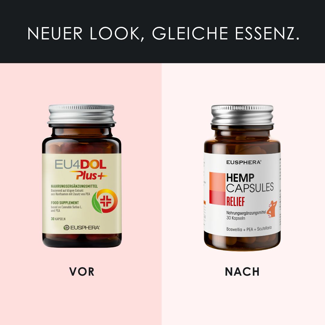Mann mit Rückenschmerzen. Aufschrift: HEMP CAPSULES RELIEF. Wann kann man es verwenden? 4 Beschwerden.