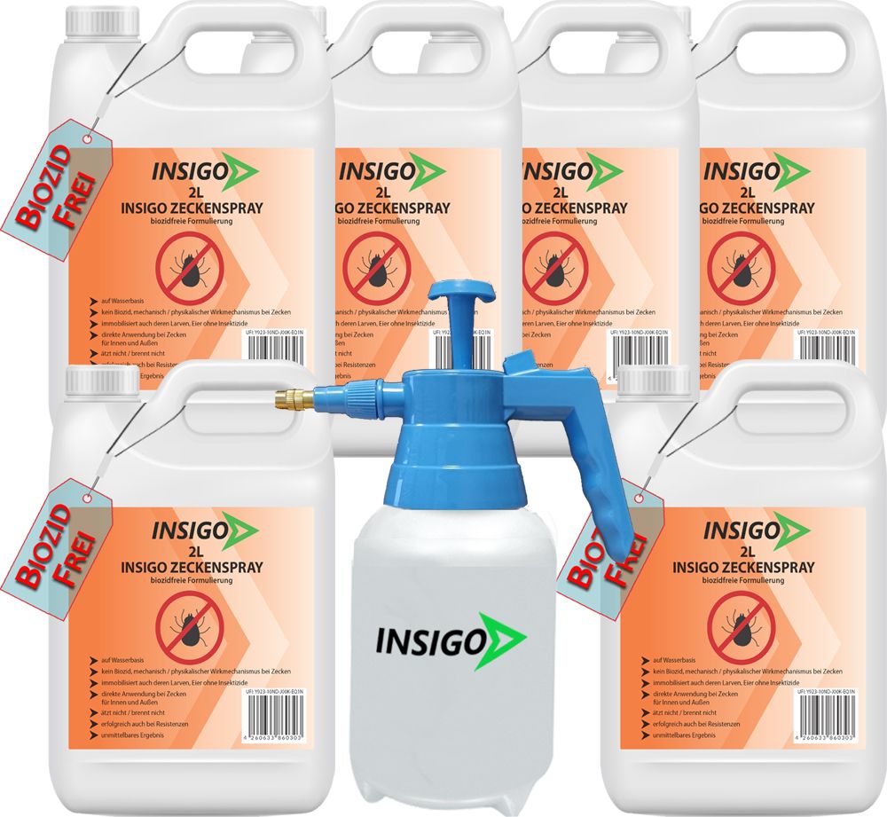 Mehrere weiße Behälter mit blauem Sprühkopf und Griff. Aufschrift INSIGO Zeckenspray. Aufkleber BIOZID FREI.