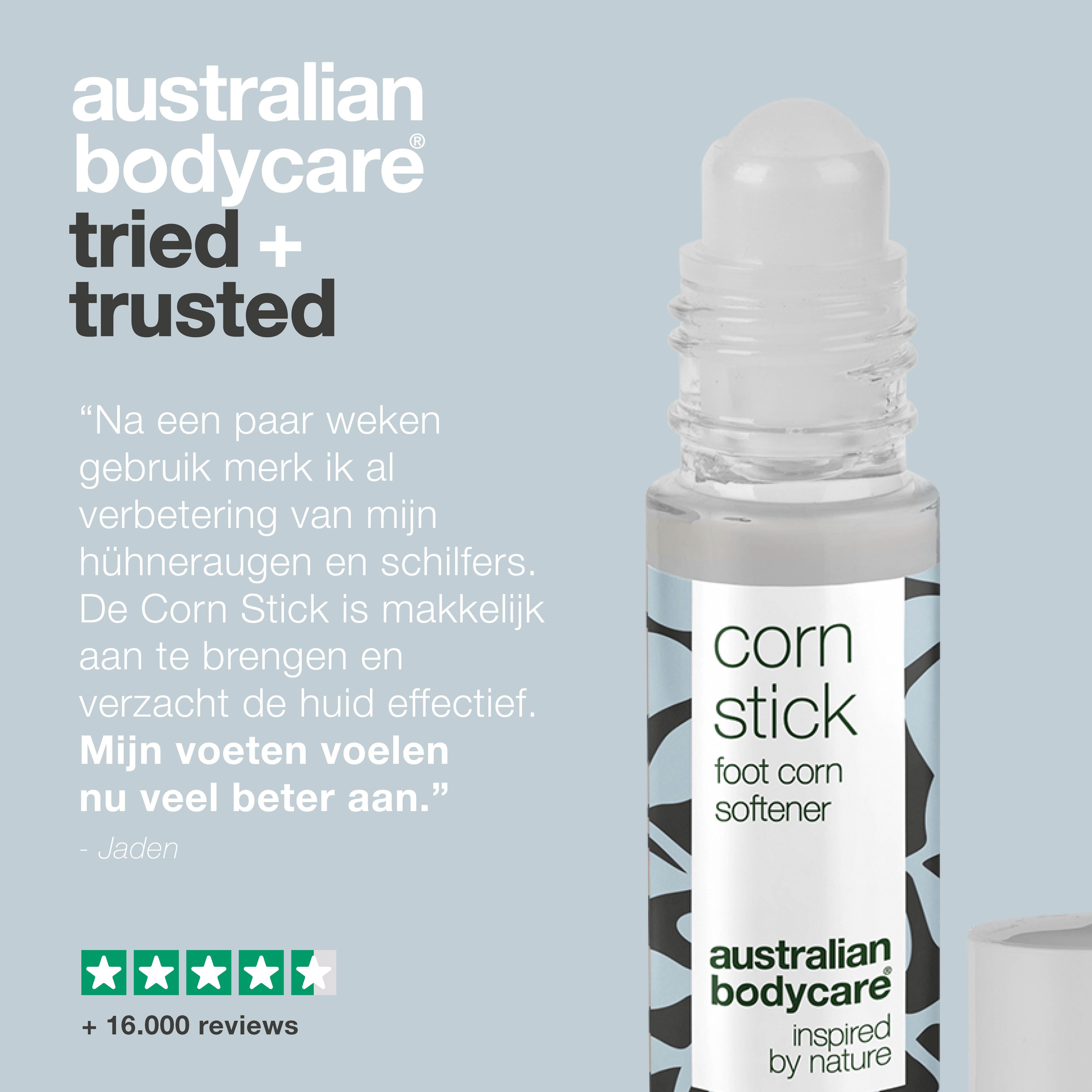 Roll-on fles met witte dop. Opschrift: corn stick, foot corn softener, australian bodycare.
