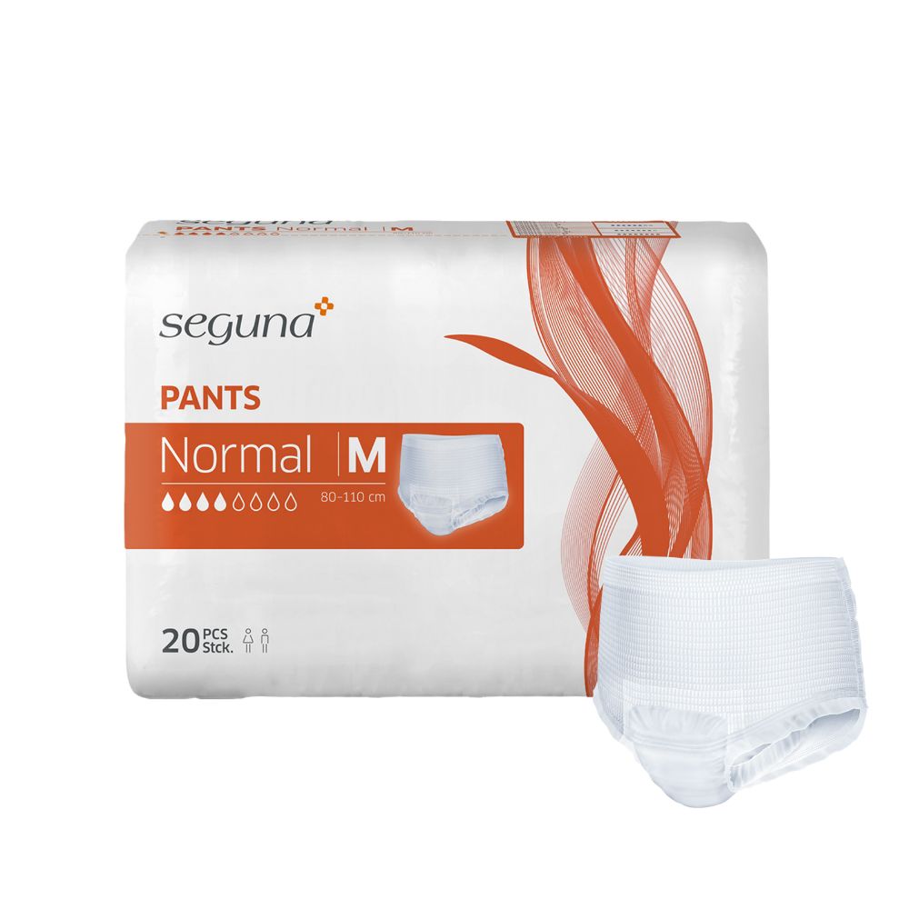 Verpackung SEGUNA Pants Normal M. 20 Stück. Produkt daneben.