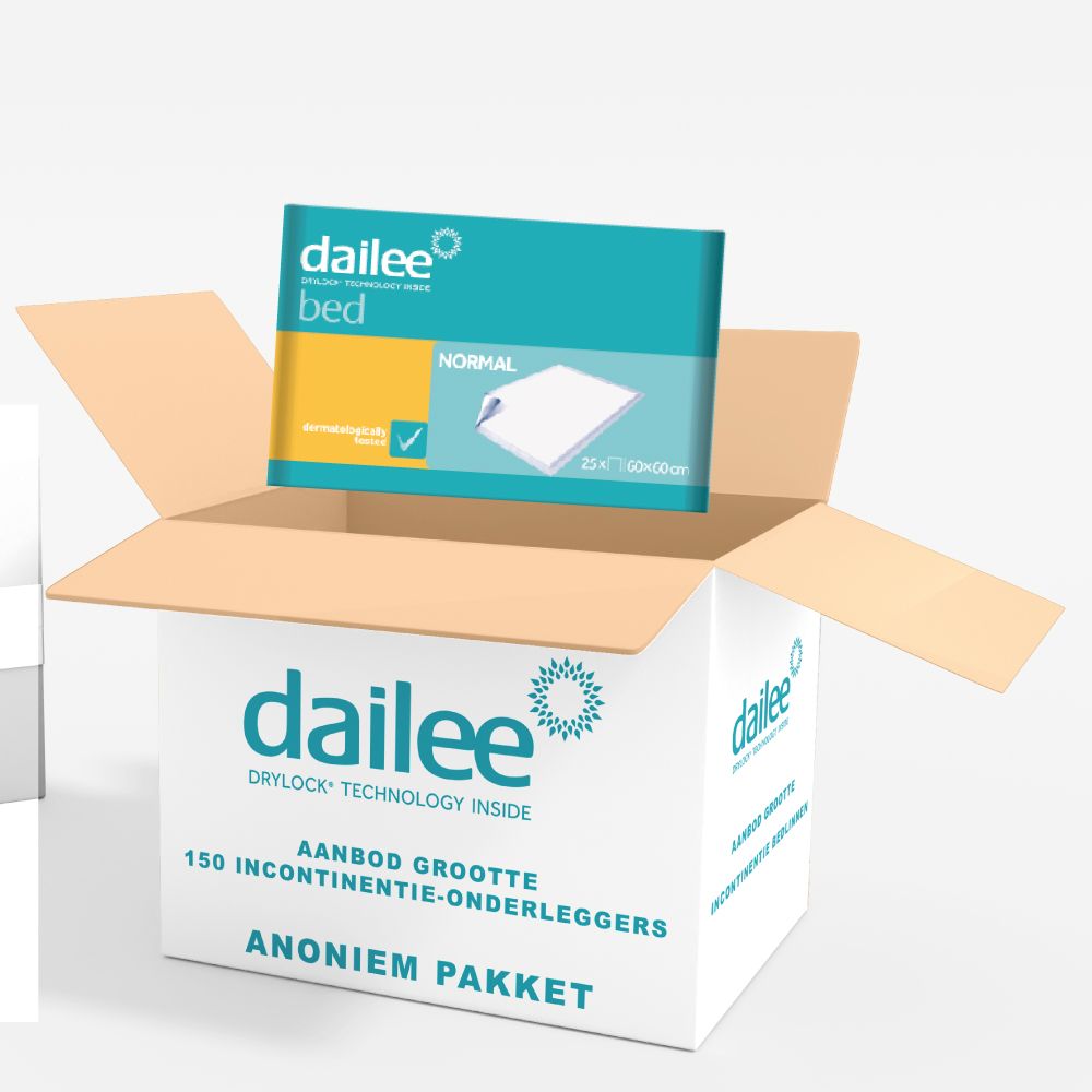 Open doos Dailee Bed incontinentie-onderleggers. 150 stuks, 60x60cm. Anonieme verpakking.