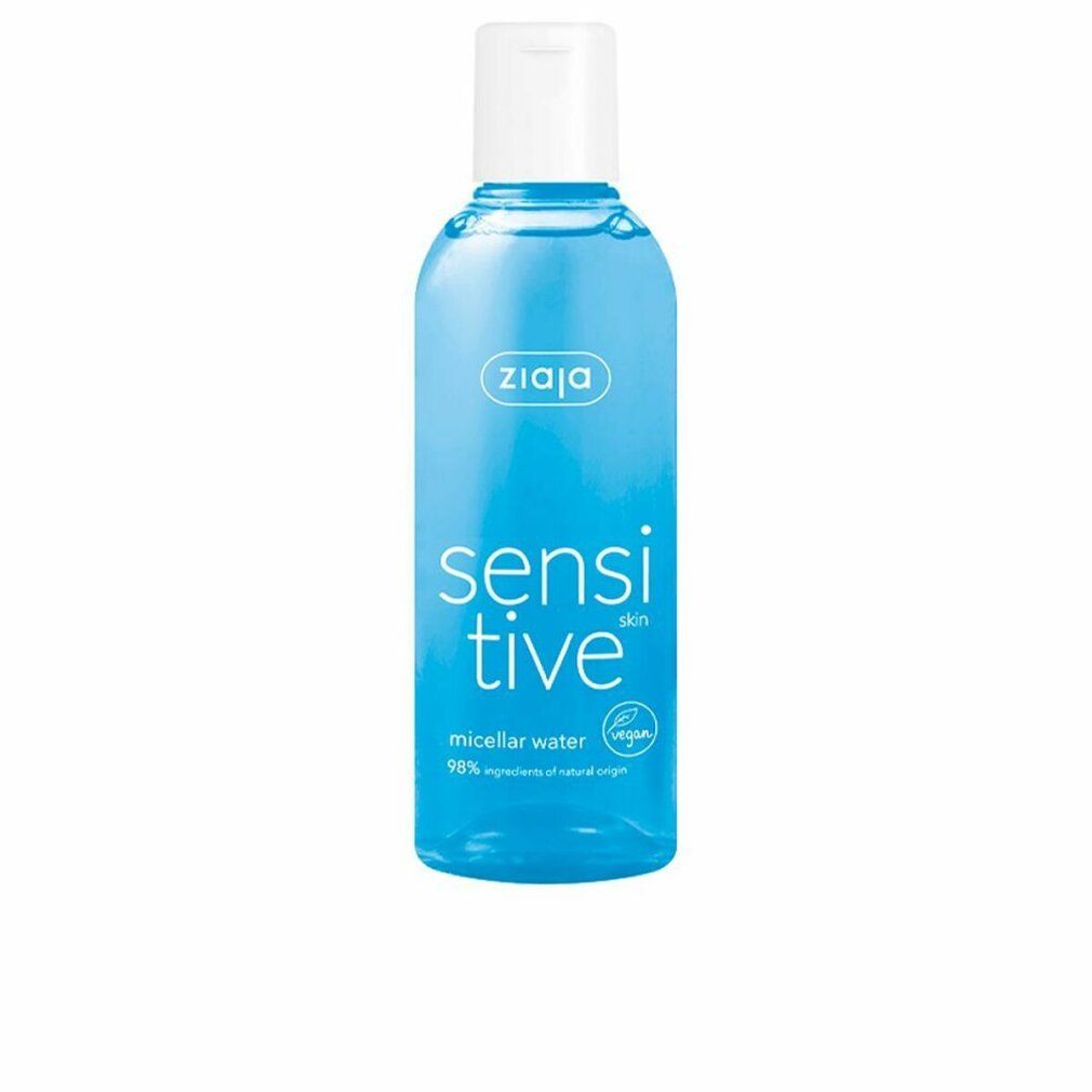Blaue Flasche mit weißem Deckel. Aufschrift: Ziaja, sensitive skin, Mizellenwasser. Vegan-Siegel. 98% Inhaltsstoffe natürlichen Ursprungs.