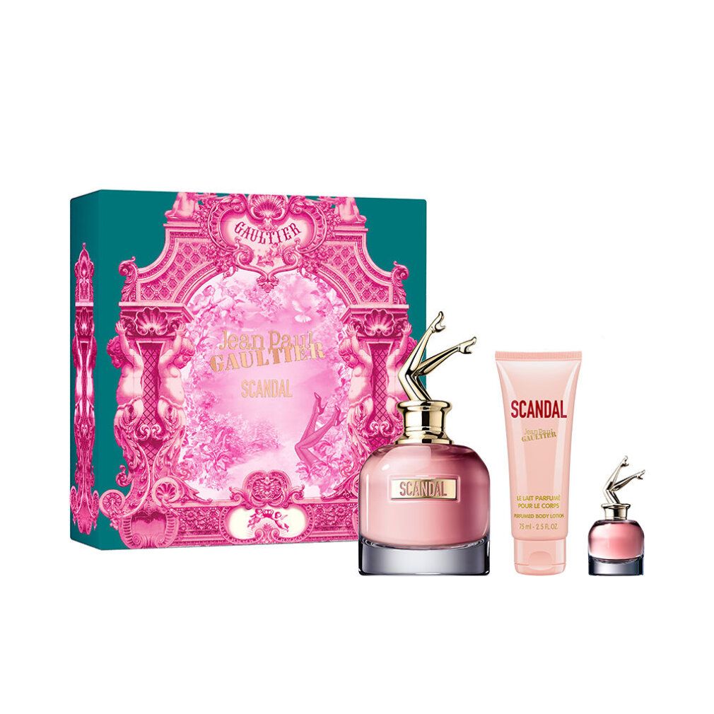 Geschenkset mit Parfümflakon, Miniatur und Körperlotion. Flakon mit goldfarbenem Deckel, rosa Flüssigkeit. Verpackung mit Schriftzug.