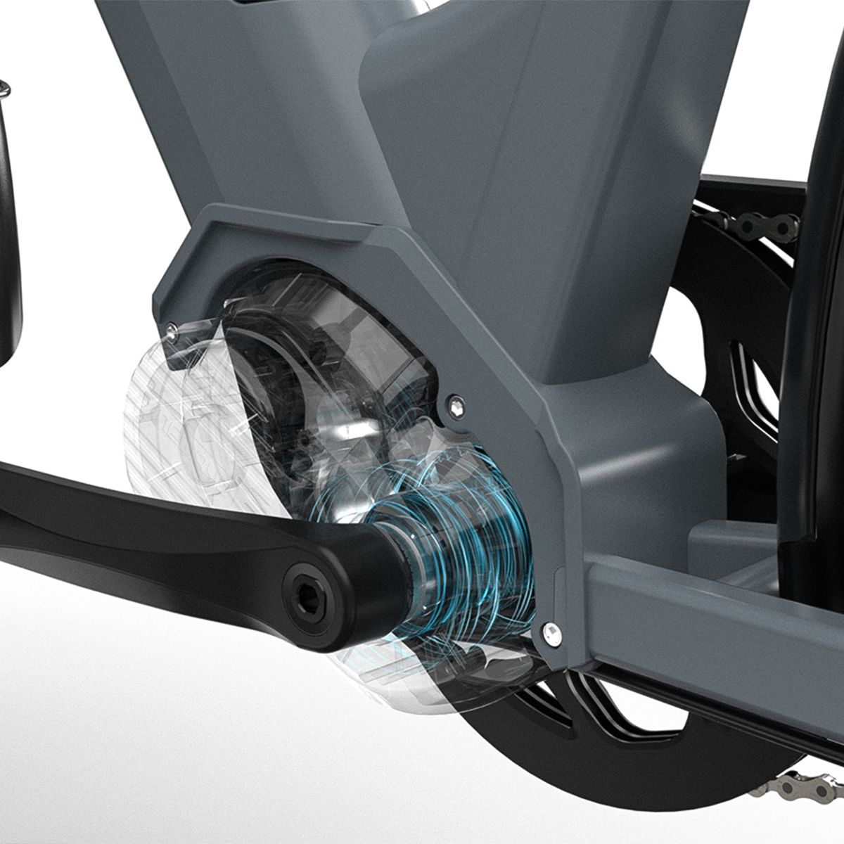 Nahaufnahme des zentralen Motors eines grauen E-Bikes. Transparente Abdeckung zeigt die Mechanik.