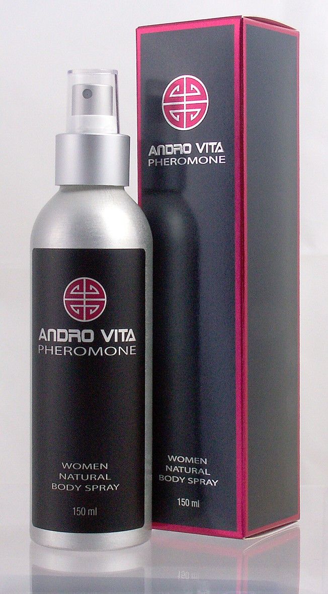 Silberne Sprühflasche und schwarze Schachtel. Aufschrift: ANDRO VITA PHEROMONE, WOMEN NATURAL BODY SPRAY. 150 ml.