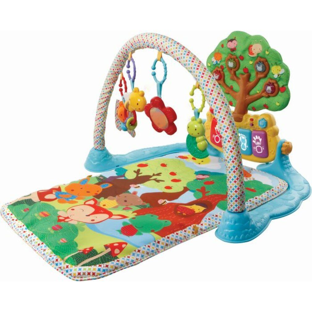 Spieldecke mit Spielbogen, bunten Anhängern und Baum-Element. Bunte Waldtiere auf der Spielmatte.