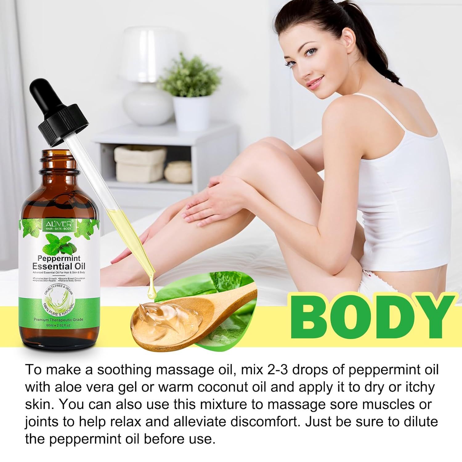 Braune Glasflasche mit Pipette und ätherischem Öl. Anwendung auf dem Körper. Text: Anwendungshinweise.