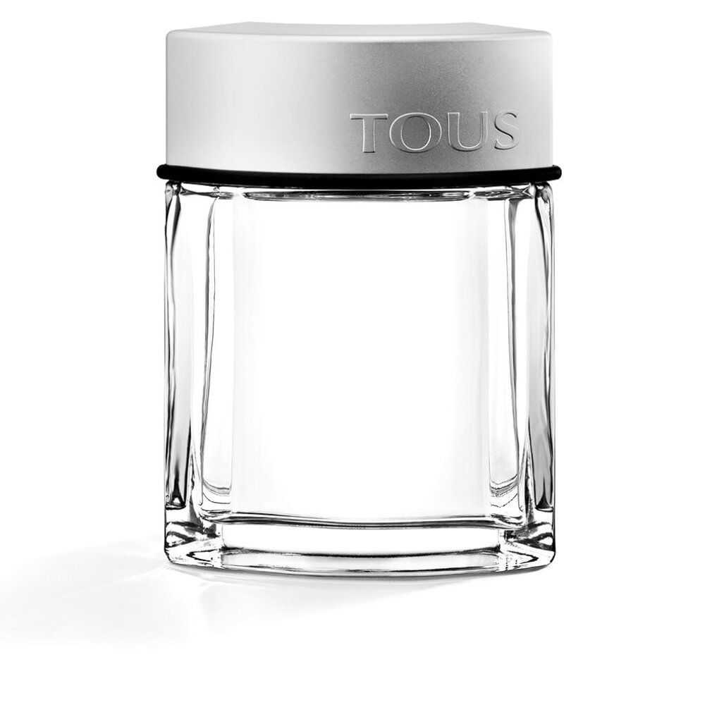 Flakon von Tous Man Eau De Toilette. Transparenter Flakon mit silbernem Deckel und schwarzem Ring.