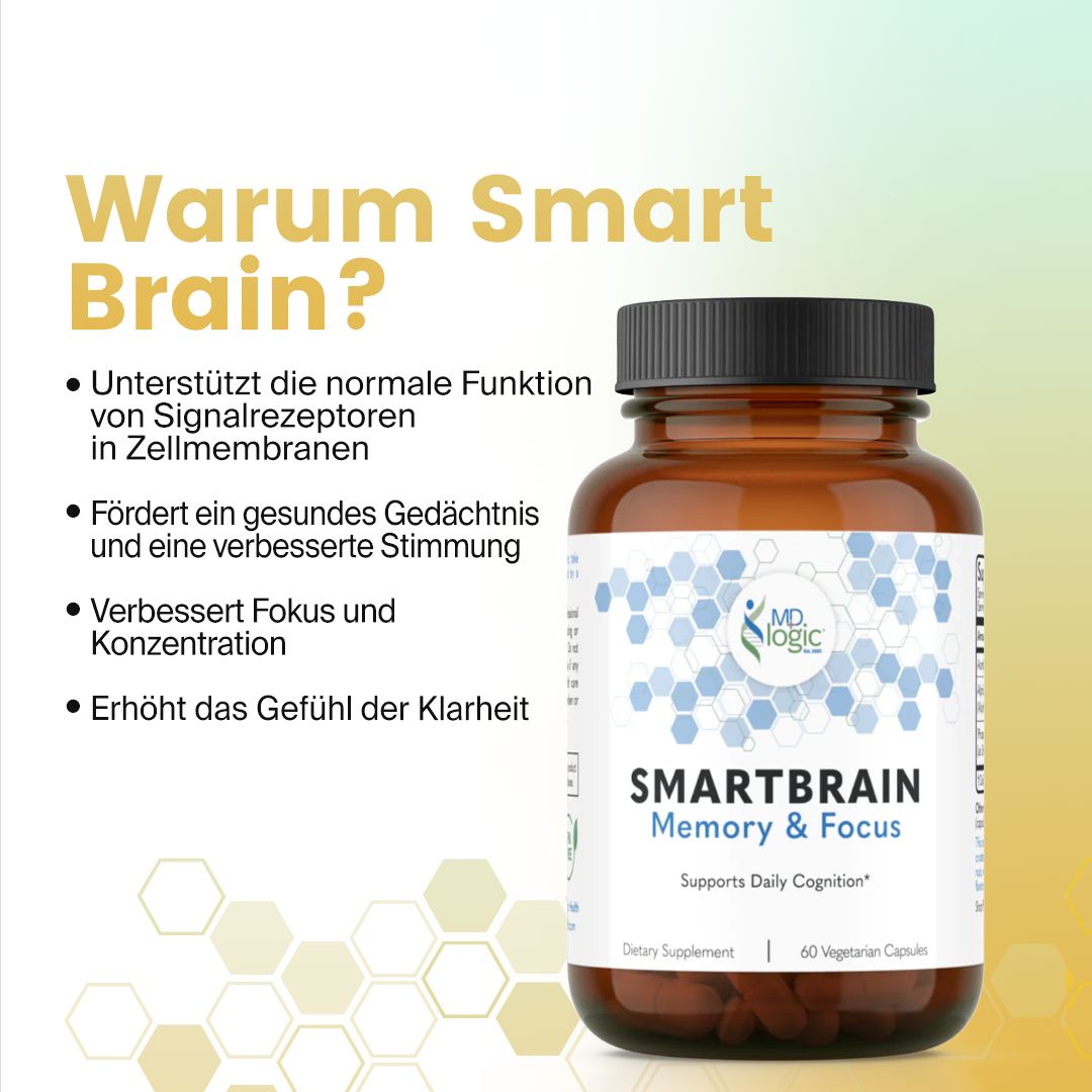 Braune Flasche "SMARTBRAIN Memory & Focus". Text: Unterstützt die normale Funktion von Signalrezeptoren. Verbesserung des Gedächtnisses.