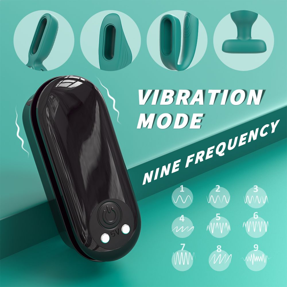 Schwarzes Produkt mit Bedienfeld und Vibrationsmodi. Neun Frequenzen.