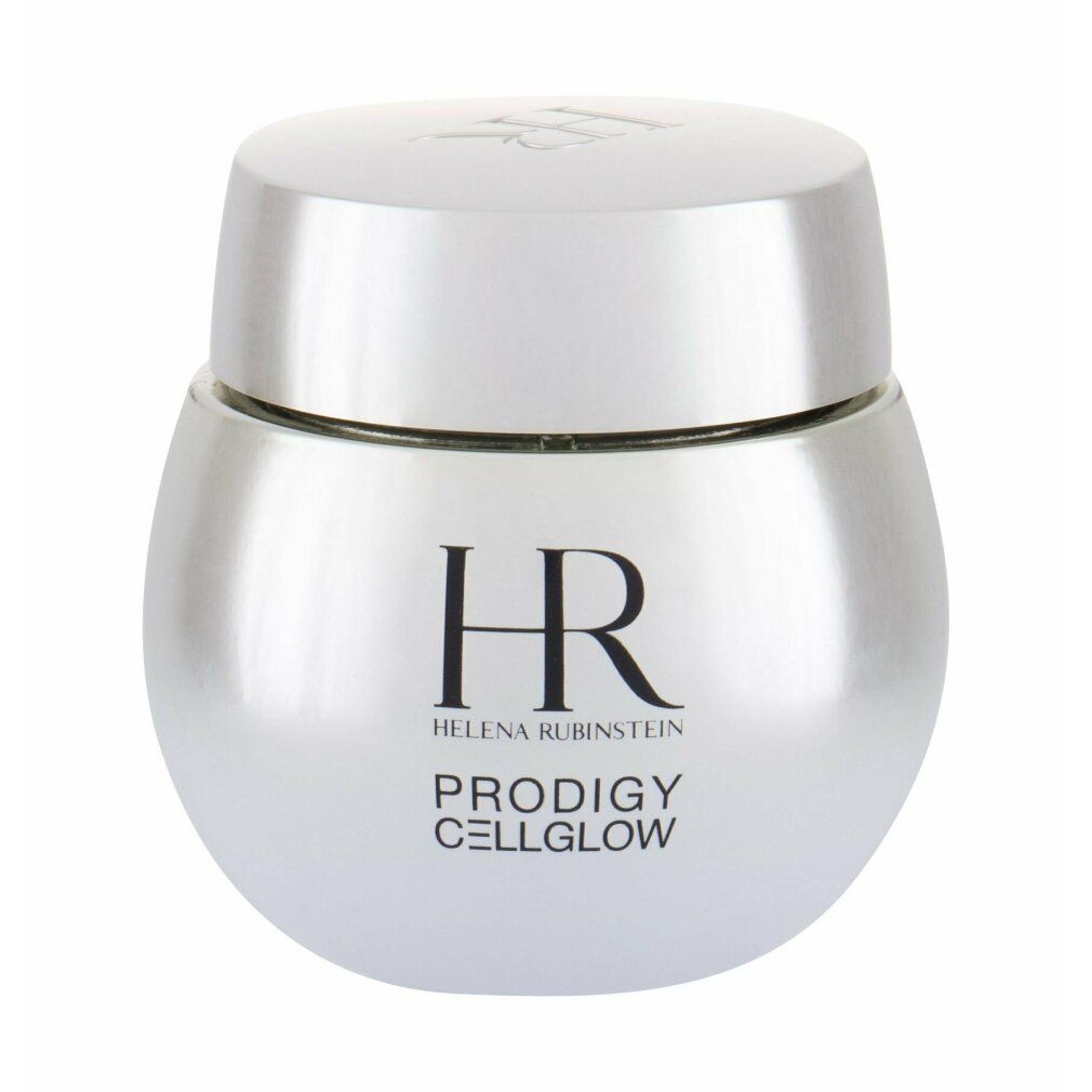 Silberfarbener Cremebehälter mit Deckel. Aufschrift: HR, PRODIGY CELLGLOW. Marke: Helena Rubinstein.
