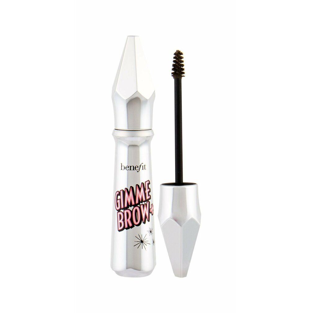 Silberne Tube mit schwarzer Bürste. Aufschrift: Benefit Gimme Brow+. Schwarze Bürste mit braunen Fasern.