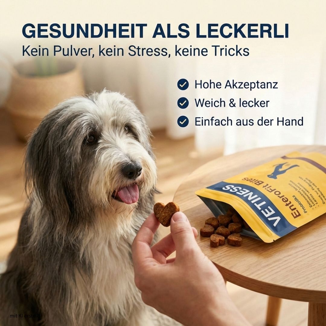 Person hält Herzförmigen Snack. Gelbe Verpackung mit Produktnamen und Illustration. Text: Hohe Akzeptanz, Weich & lecker, Einfach aus der Hand.