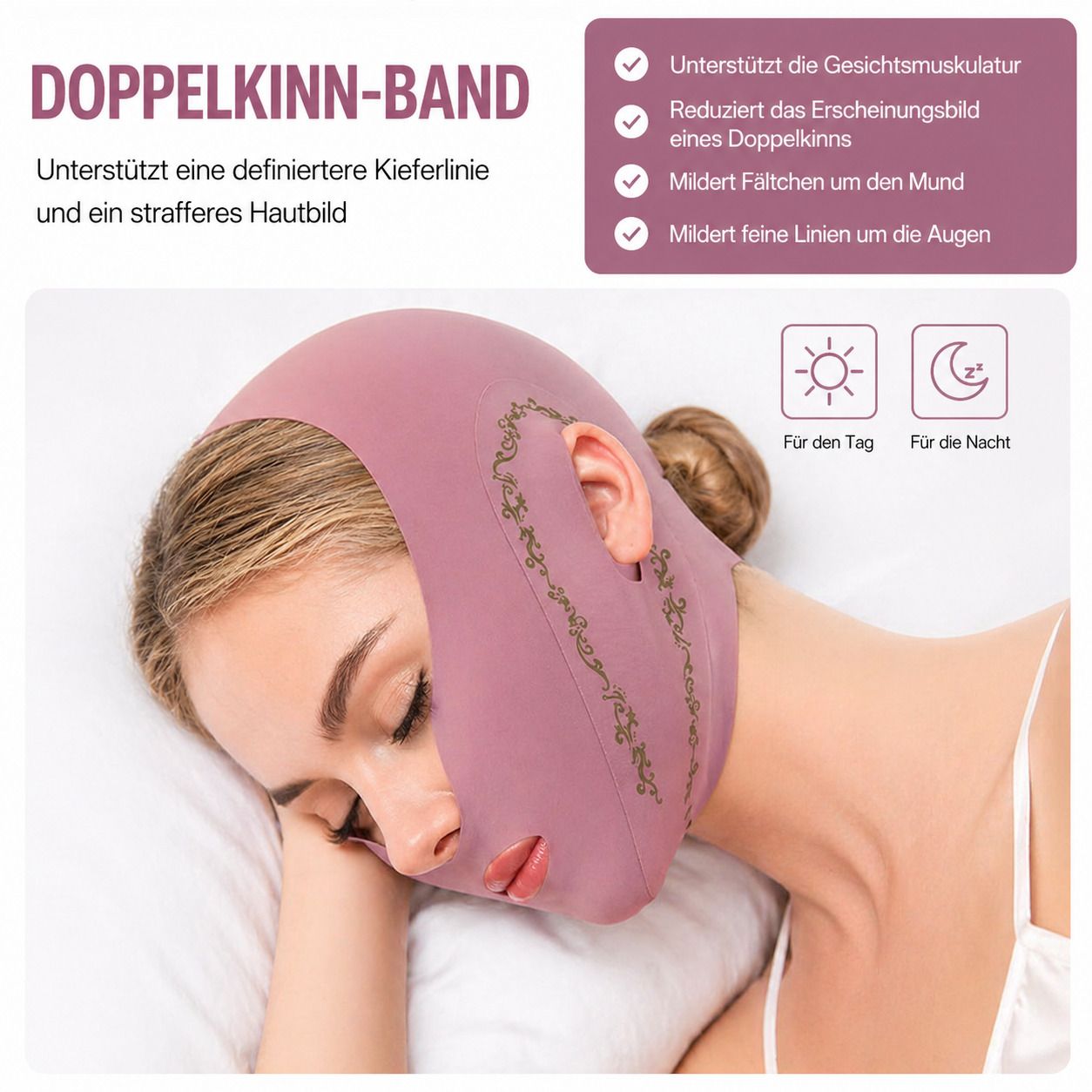 Frau schläft mit rosa Gesichtsband. Text: „Doppelkinn-Band“. Unterstützt definierte Kieferlinie und straffere Haut.
