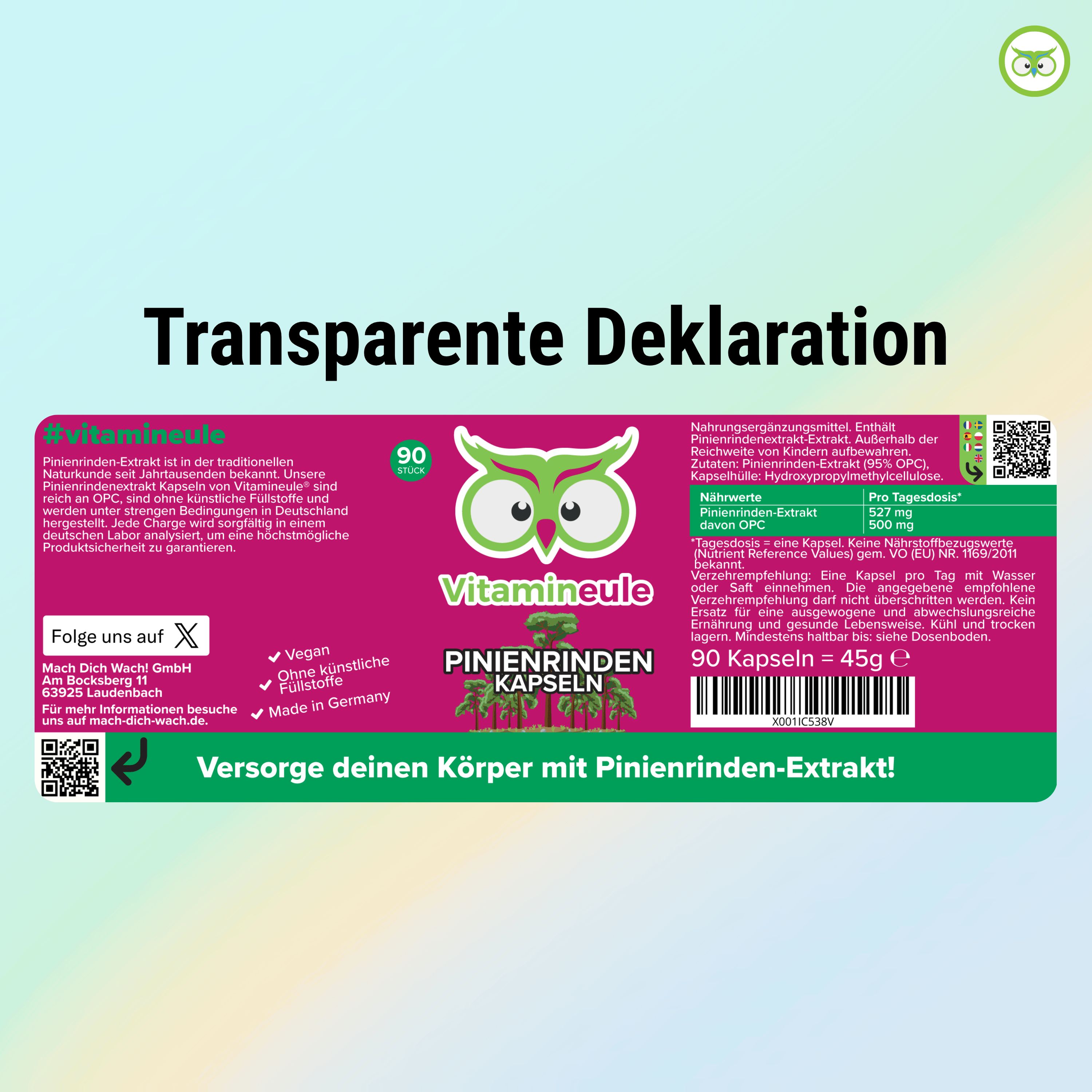 Produktverpackung mit Etikett. Aufschrift: Vitamineule, Pinienrinden Kapseln, 90 Kapseln. Transparente Deklaration.