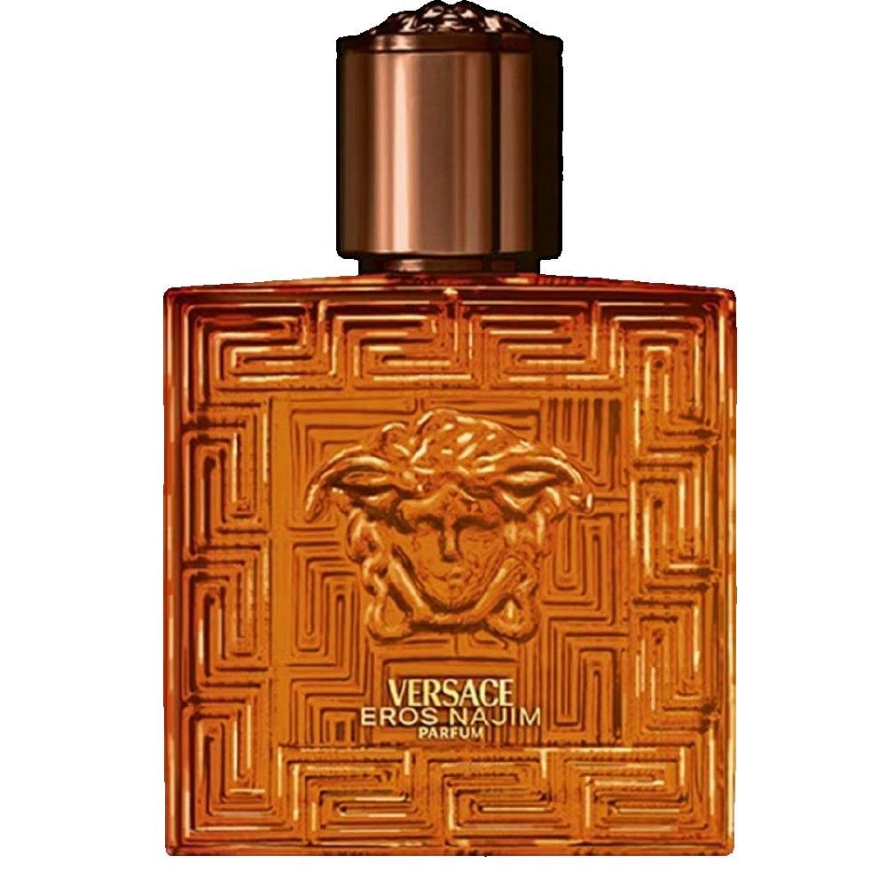 Versace Eros Najim Parfum Flakon mit Medusa-Kopf und geometrischem Muster.