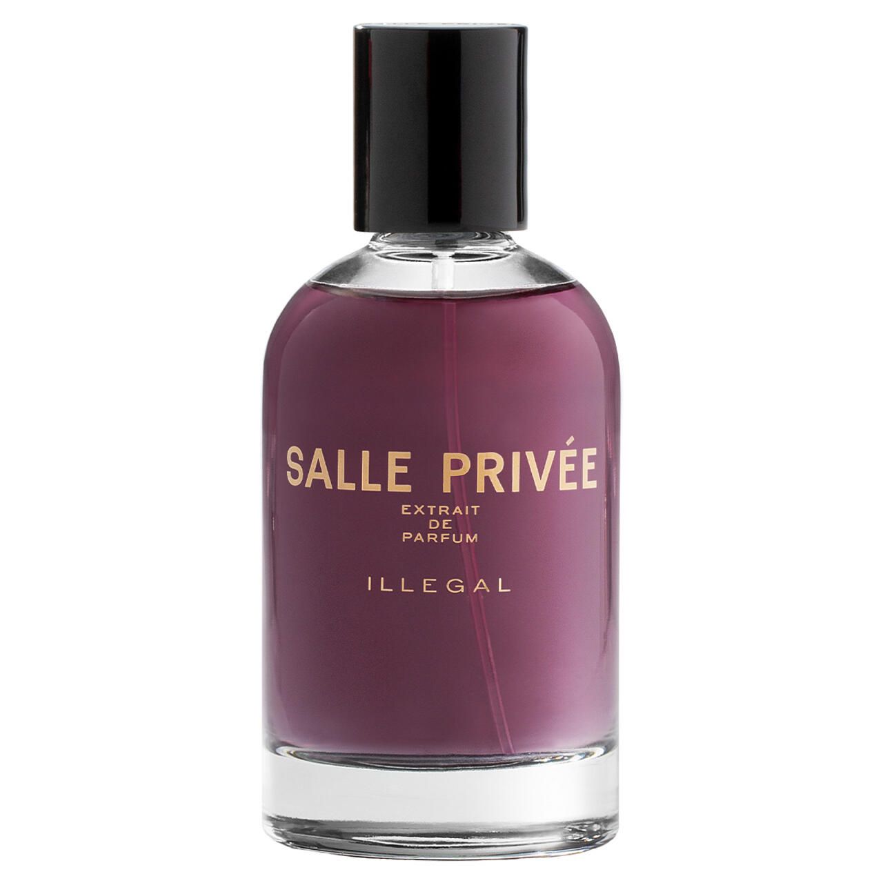 Flasche mit lila Flüssigkeit, schwarzem Deckel. Aufschrift: SALLE PRIVÉE, ILLEGAL, Extrait de Parfum.