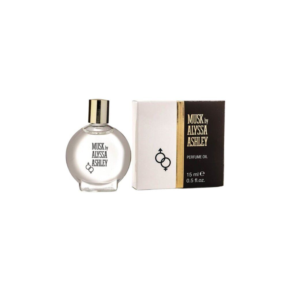 Flakon und Schachtel. Aufschrift: Musk by Alyssa Ashley, Parfume Öl. 15 ml. Flakon rund, goldfarbener Verschluss.