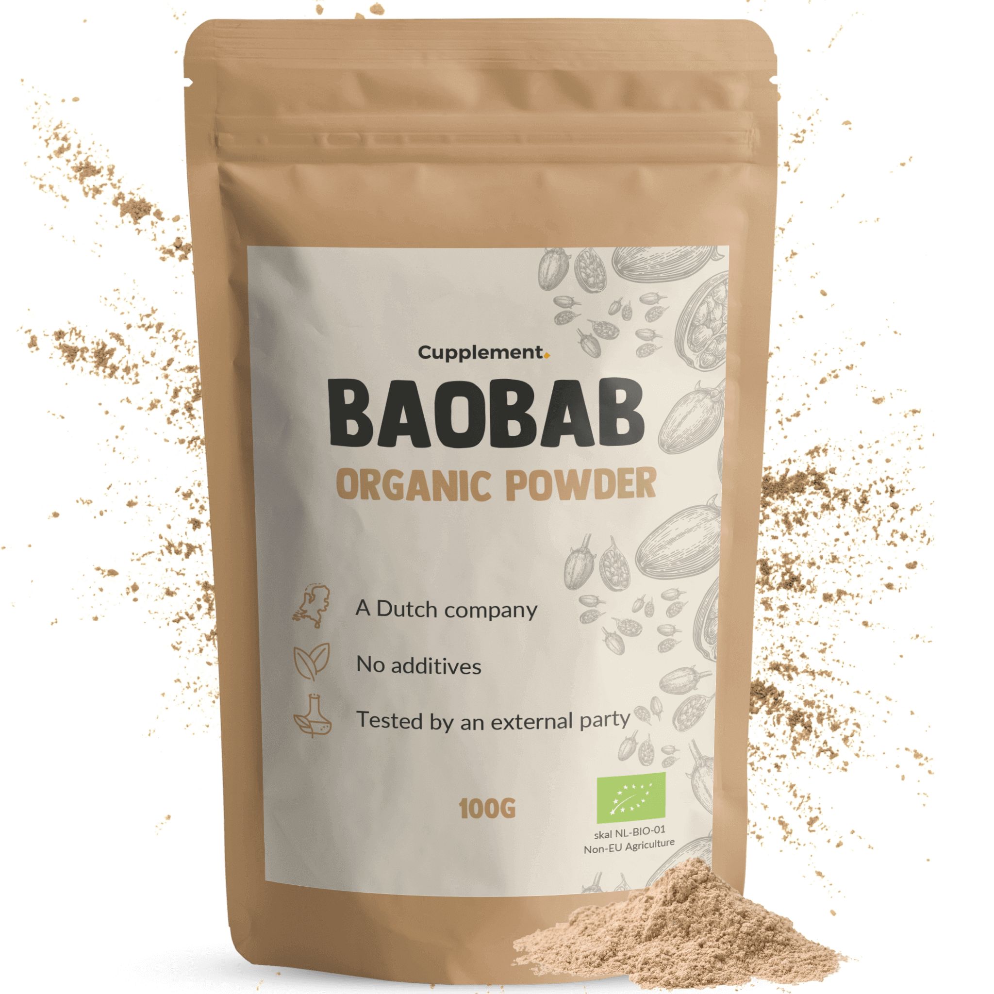 Beutel mit Baobab-Pulver. Aufschrift: Cupplement, Baobab Organic Powder, 100g. Bio-Siegel.