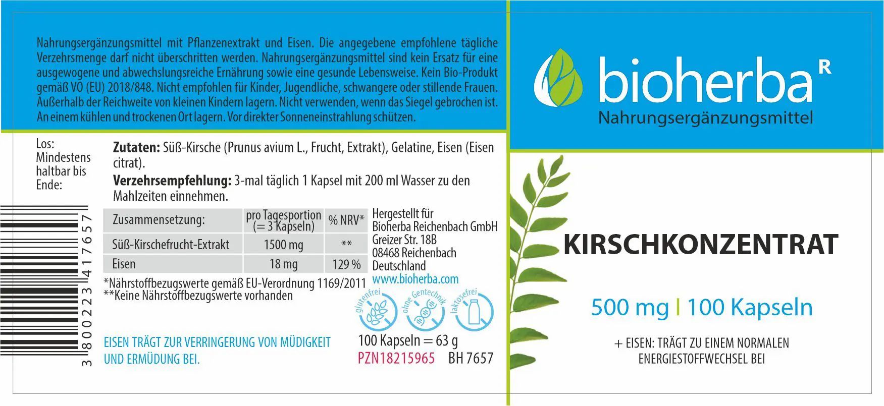 Etikett mit "bioherba" Logo und "Kirschkonzentrat" Schriftzug. Enthält 100 Kapseln. Zusammensetzung und Verzehrempfehlung sind angegeben.