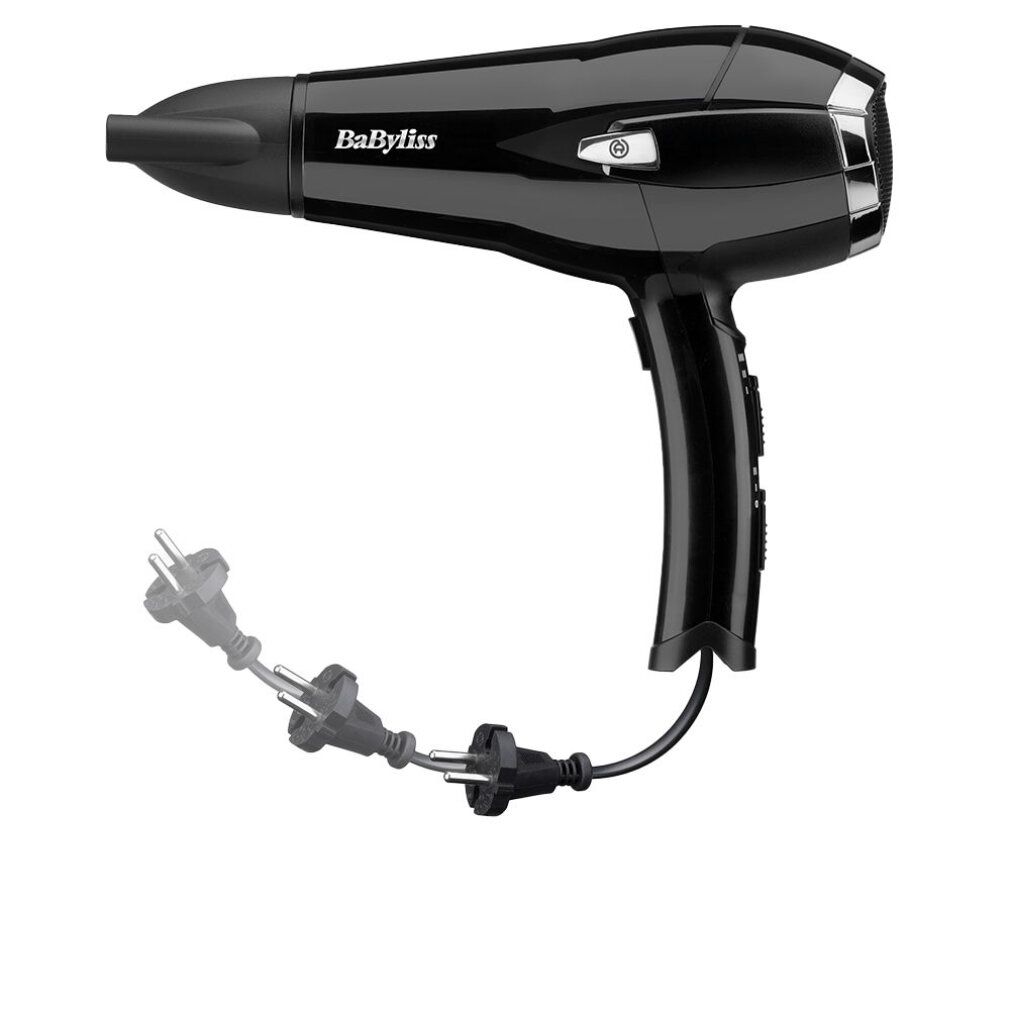 Schwarzer Haartrockner mit Netzkabel. Marke BaByliss. Auf weißem Hintergrund.