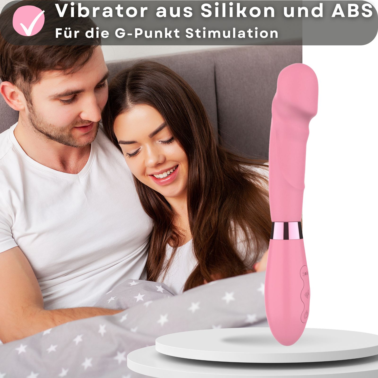 Rosa Vibrator. Silikon. 21 cm lang, 3,5 cm Durchmesser. Wiederaufladbar über USB. 10 Modi.