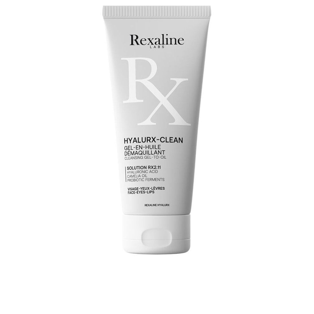 Weiße Tube Rexaline Hyalurx-Clean. Text: Gel-en-huile démaquillant, Face-Eyes-Lips. Enthält RX2.11, Hyaluronsäure, Probiotic Ferments.