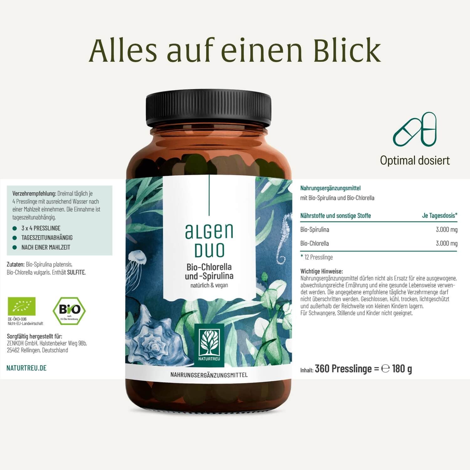 Braune Glasflasche mit schwarzem Deckel, gefüllt mit 360 Presslingen (180g) Algen Duo Bio-Chlorella und -Spirulina.