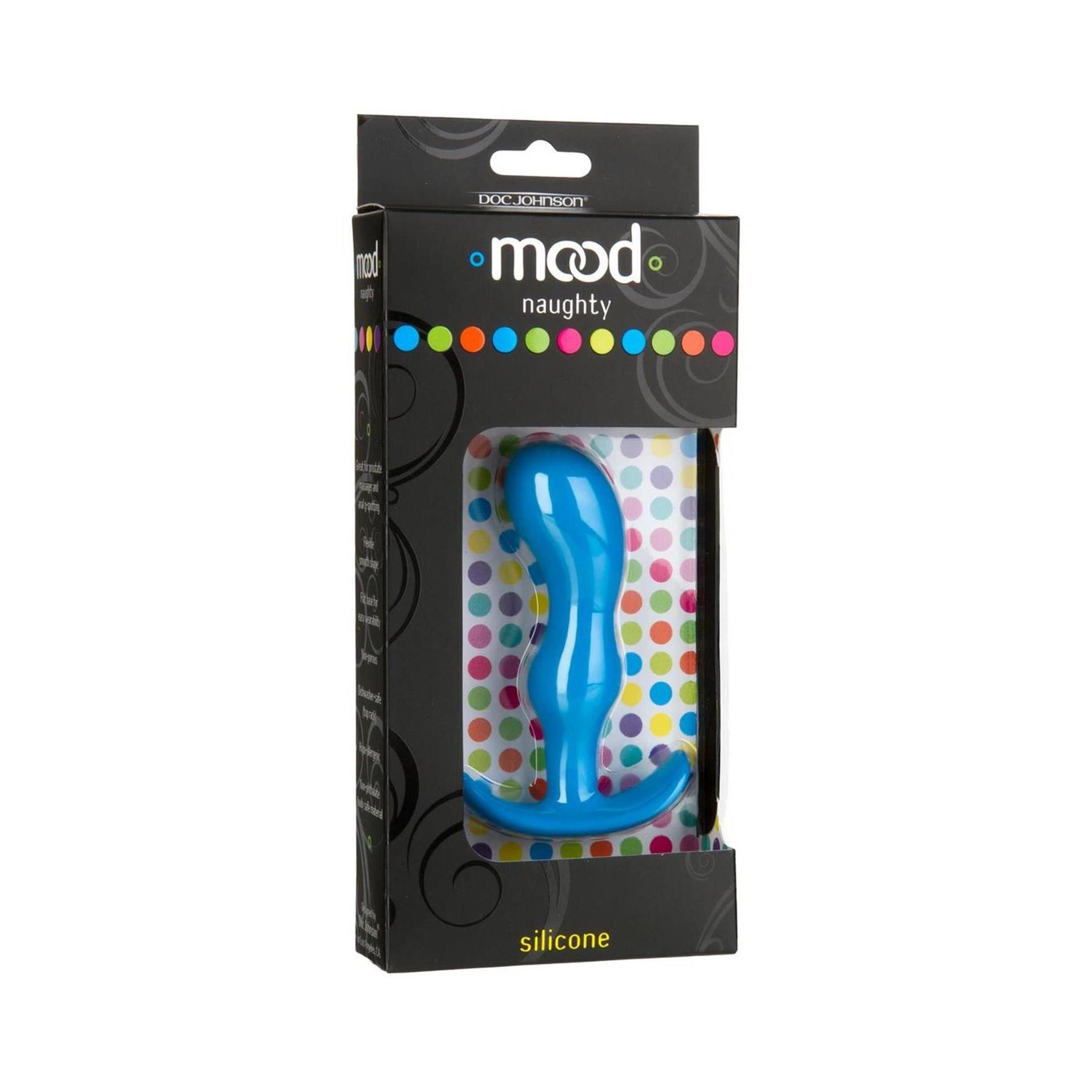 Blauer Analplug in schwarzer Verpackung. Aufschrift "mood naughty" und "silicone".
