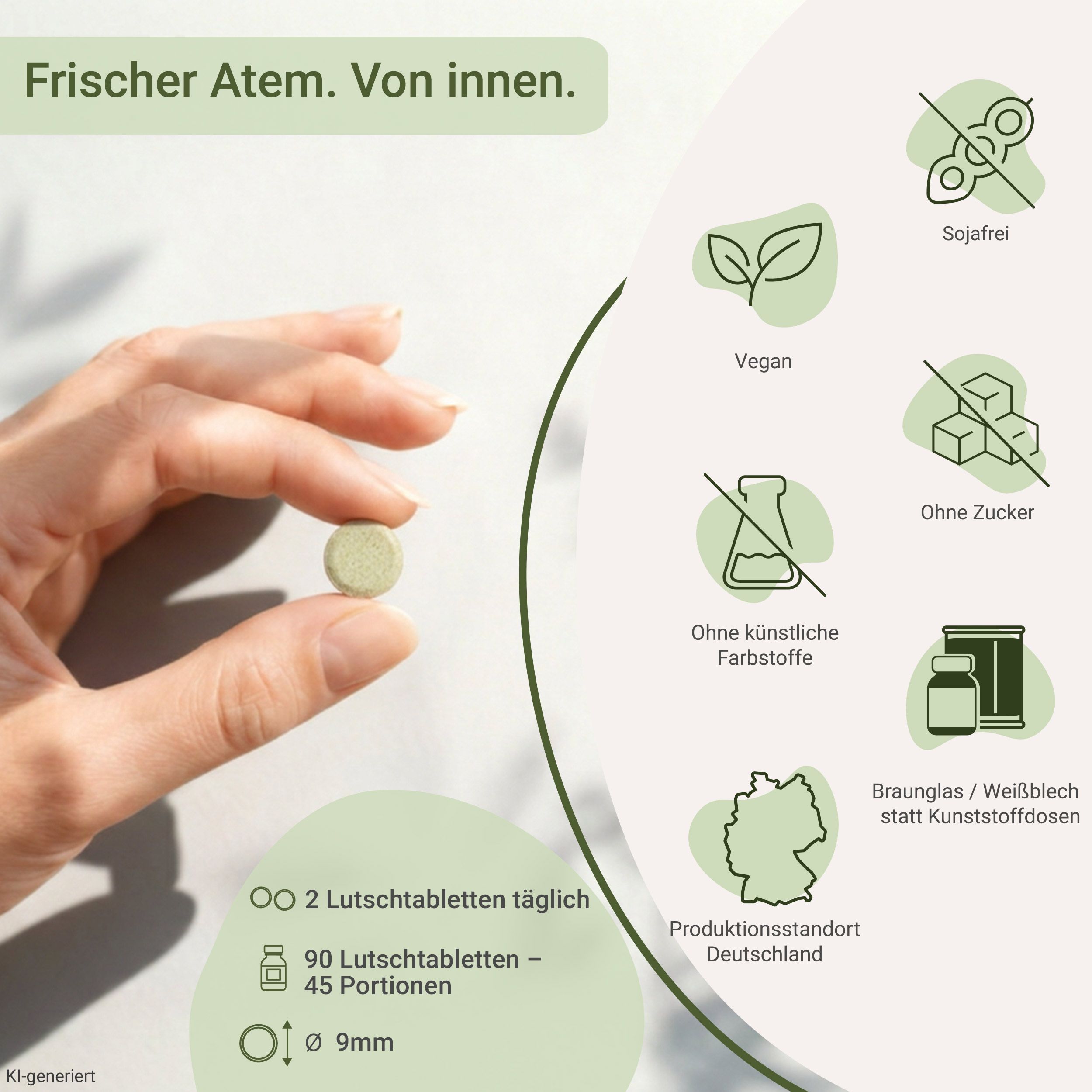 Eine hellgrüne Lutschtablette mit 9mm Durchmesser wird von einer Hand gehalten. Informationen zu vegan, sojafrei, ohne Zucker und Farbstoffe.