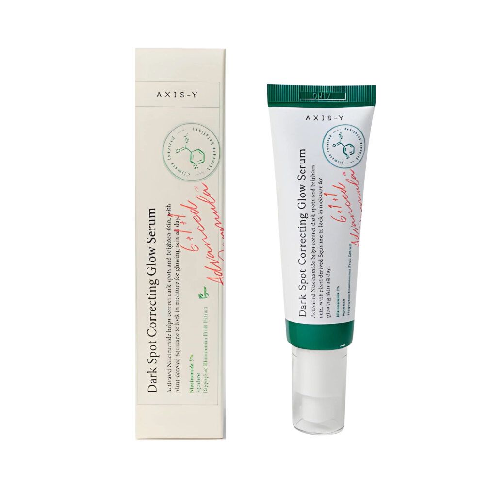 Axis-Y Dark Spot Correcting Glow Serum Tube und Karton.