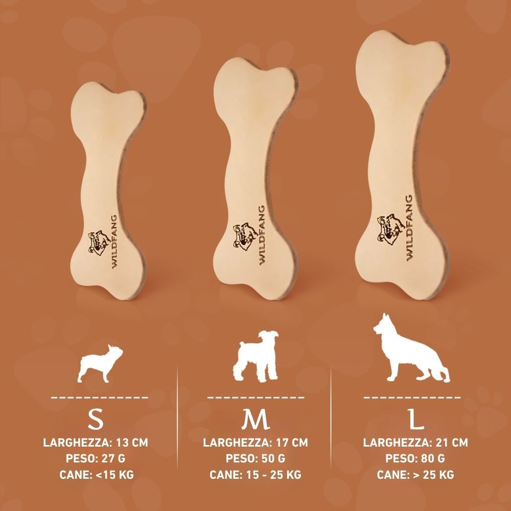 Drei WILDFANG® Lederknochen in verschiedenen Größen. Größenangaben: S, M, L. Größenangaben: Breite, Gewicht, Hundegröße.