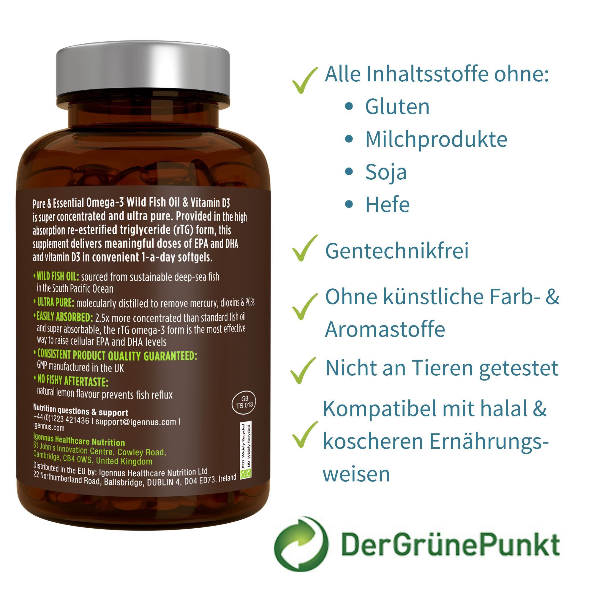 Igennus Omega-3 Fischöl mit D3 1000 IE, EPA DHA Fettsäuren, Triglyceridform rTG, Rein IFOS