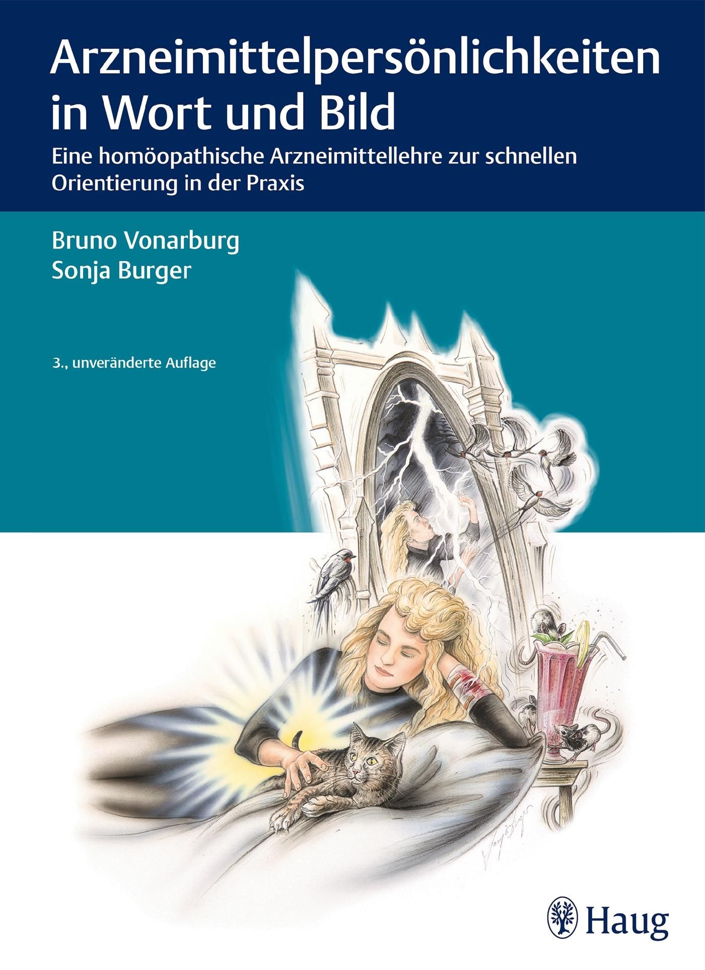 Buchcover: Arzneimittelpersönlichkeiten in Wort und Bild. Titel, Autoren, 3. Auflage. Illustration einer Person mit Katze.