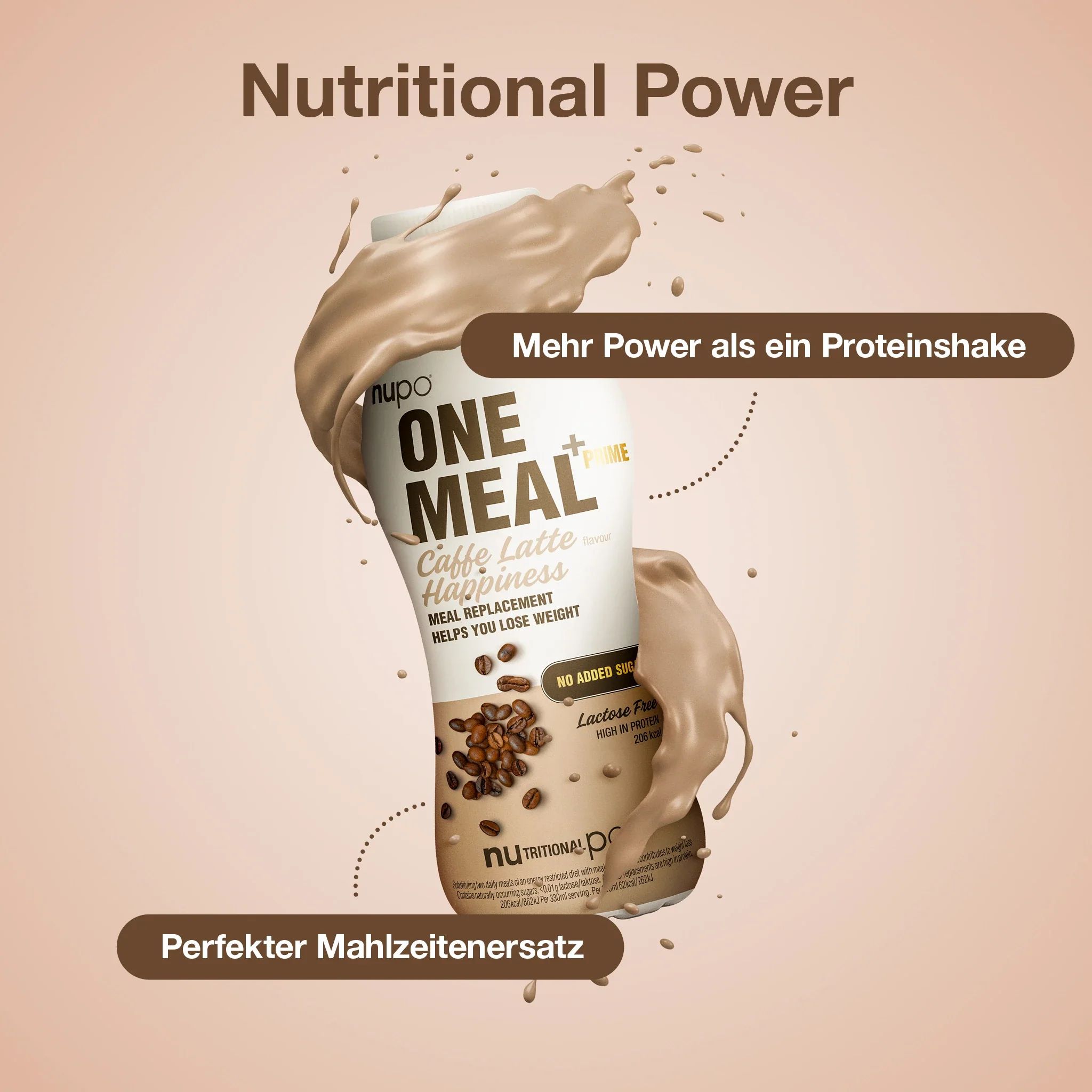 Nupo One Meal +Prime Shake Caffe Latte Happiness. Flasche mit Shake-Spritzern. Perfekter Mahlzeitenersatz. Mehr Power als Proteinshake.