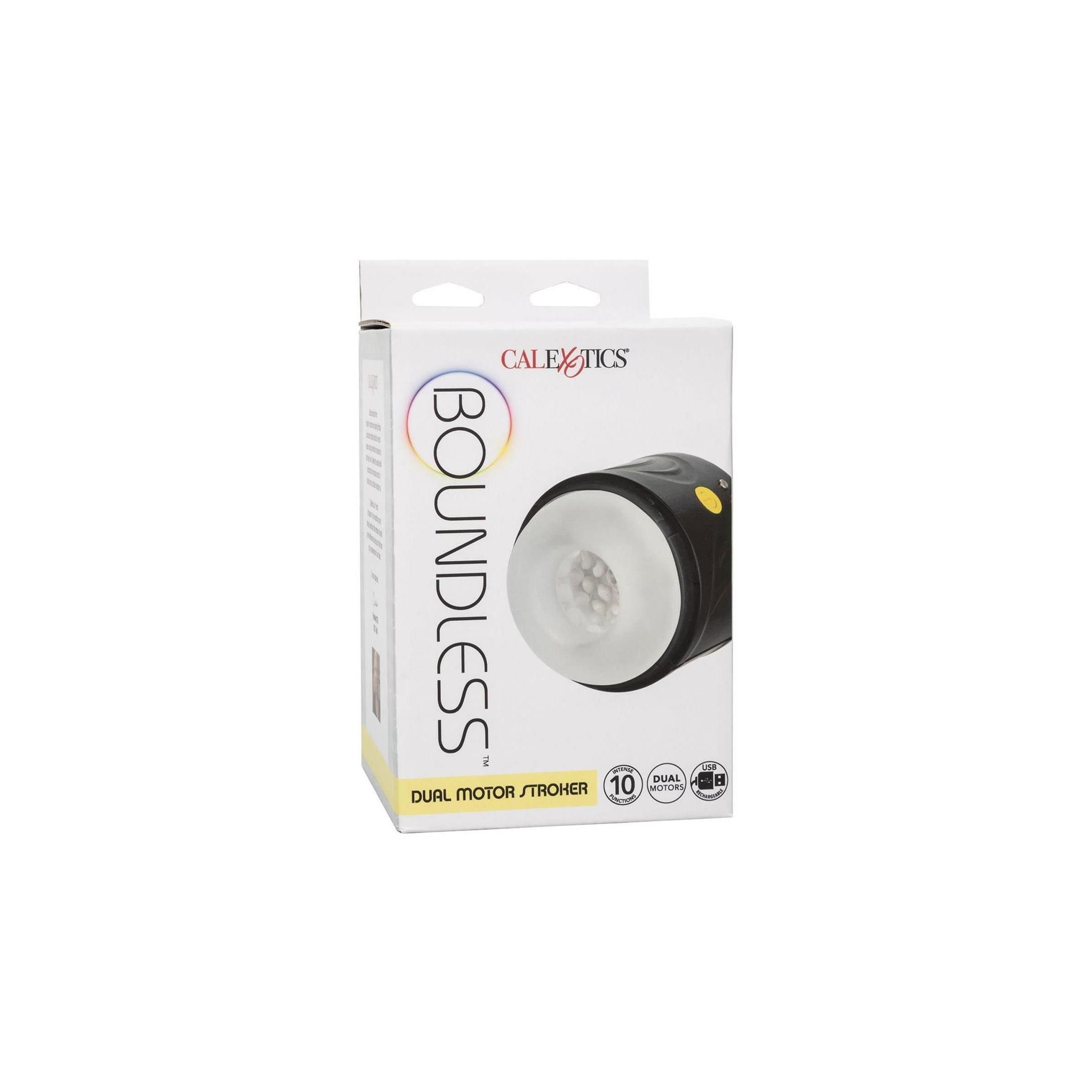 Verpackung mit Produkt. Schwarzes Gerät mit weißem Innenraum. Text: BOUNDLESS, DUAL MOTOR STROKER, CALEXOTICS.