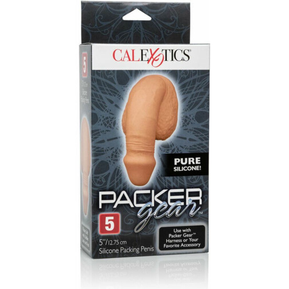 Verpackung mit einem Dildo aus Silikon. Marke: CALEXOTICS. Aufschrift: Packer Gear, 5"/12.75 cm.