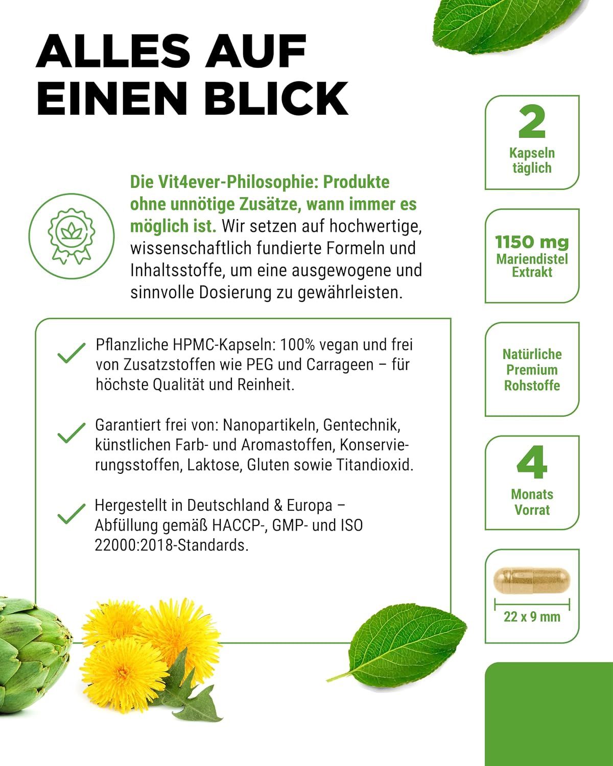 Vit4ever Mariendistel Artischocken Löwenzahn Komplex Flasche mit Informationen zu Dosierung und Inhaltsstoffen.