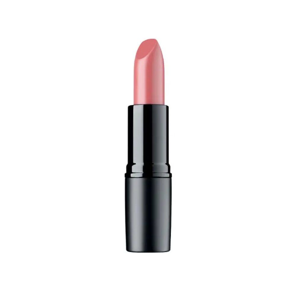 Rosafarbener Lippenstift in schwarzer Hülse. Auf weißem Hintergrund.