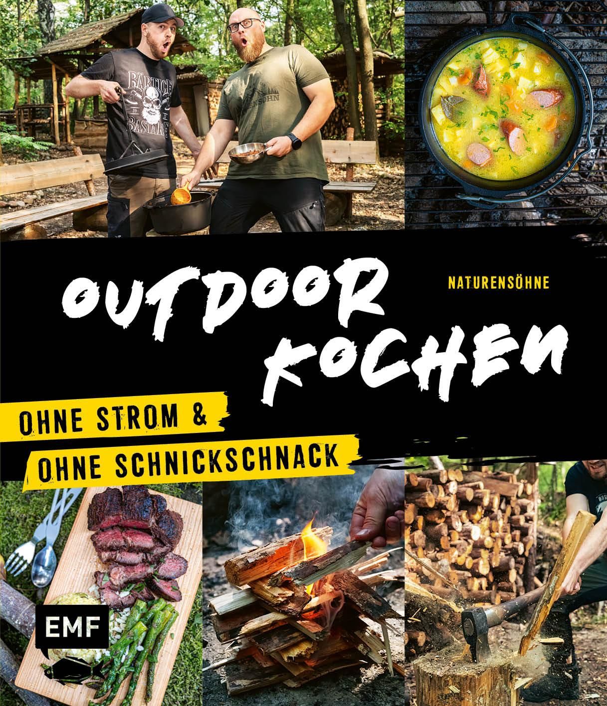 Buchcover mit dem Titel "Outdoor Kochen". Es zeigt Fotos von Essen, Kochen im Freien und Personen. Text: Ohne Strom & Ohne Schnickschnack.