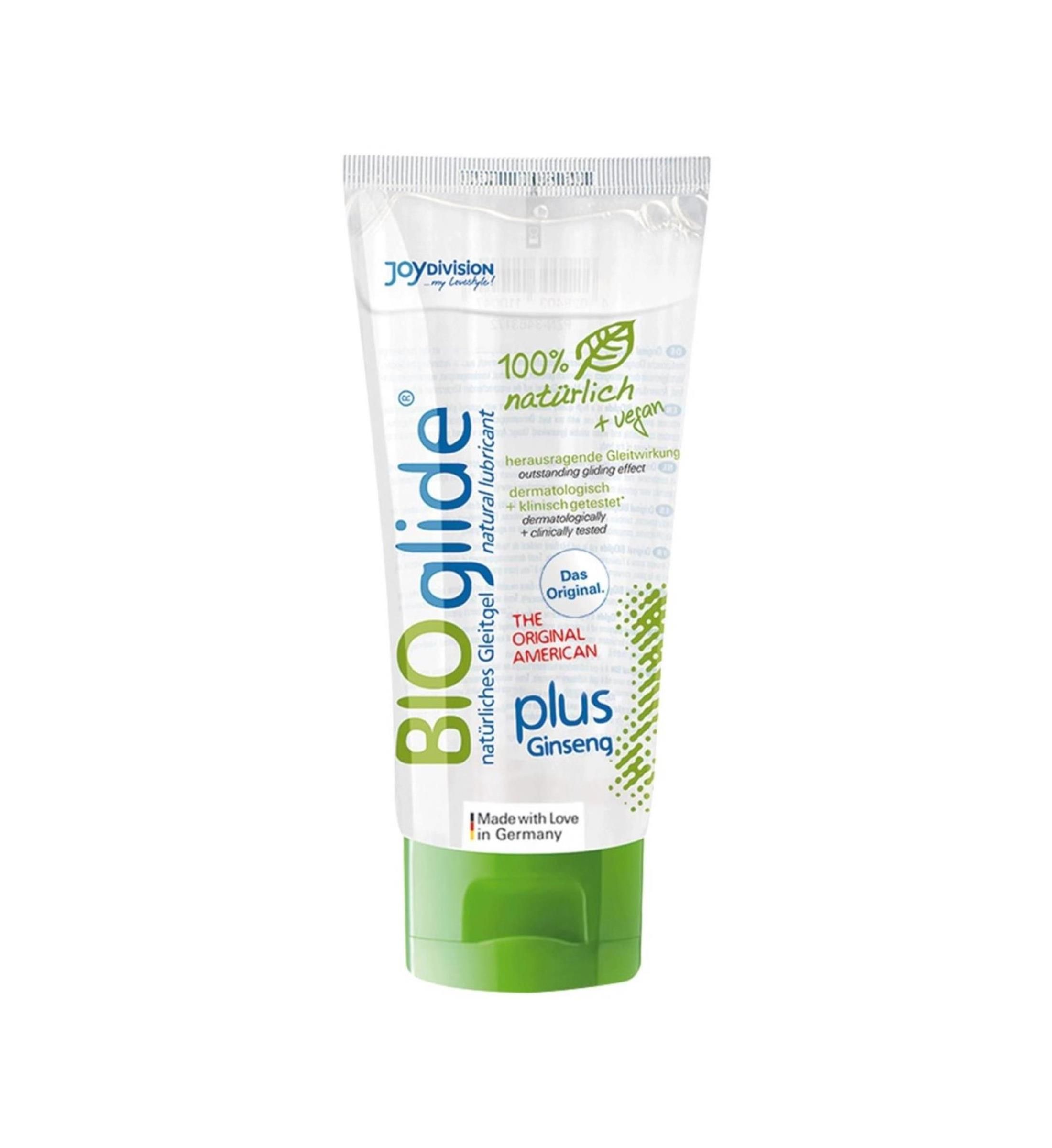 Transparent Tube mit grünem Verschluss. Aufschrift: BIOglide, plus Ginseng, 100% natürlich + vegan. Hergestellt in Deutschland.